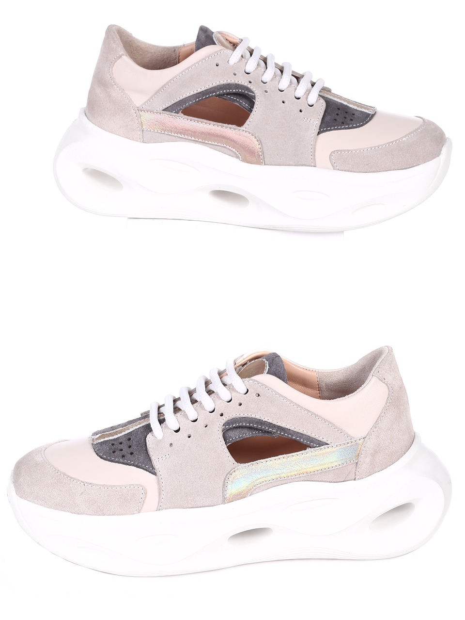 Ежедневни дамски обувки от естествена кожа и велур в бежово 3AT-22316 beige