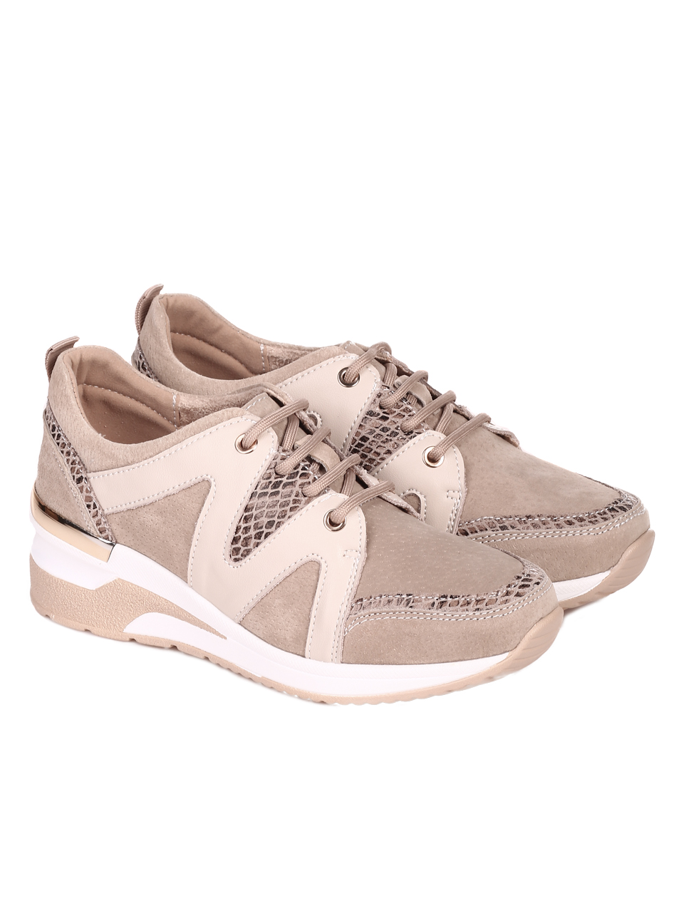 Ежедневни дамски обувки от естествена кожа и велур в бежово 3AF-22126 beige