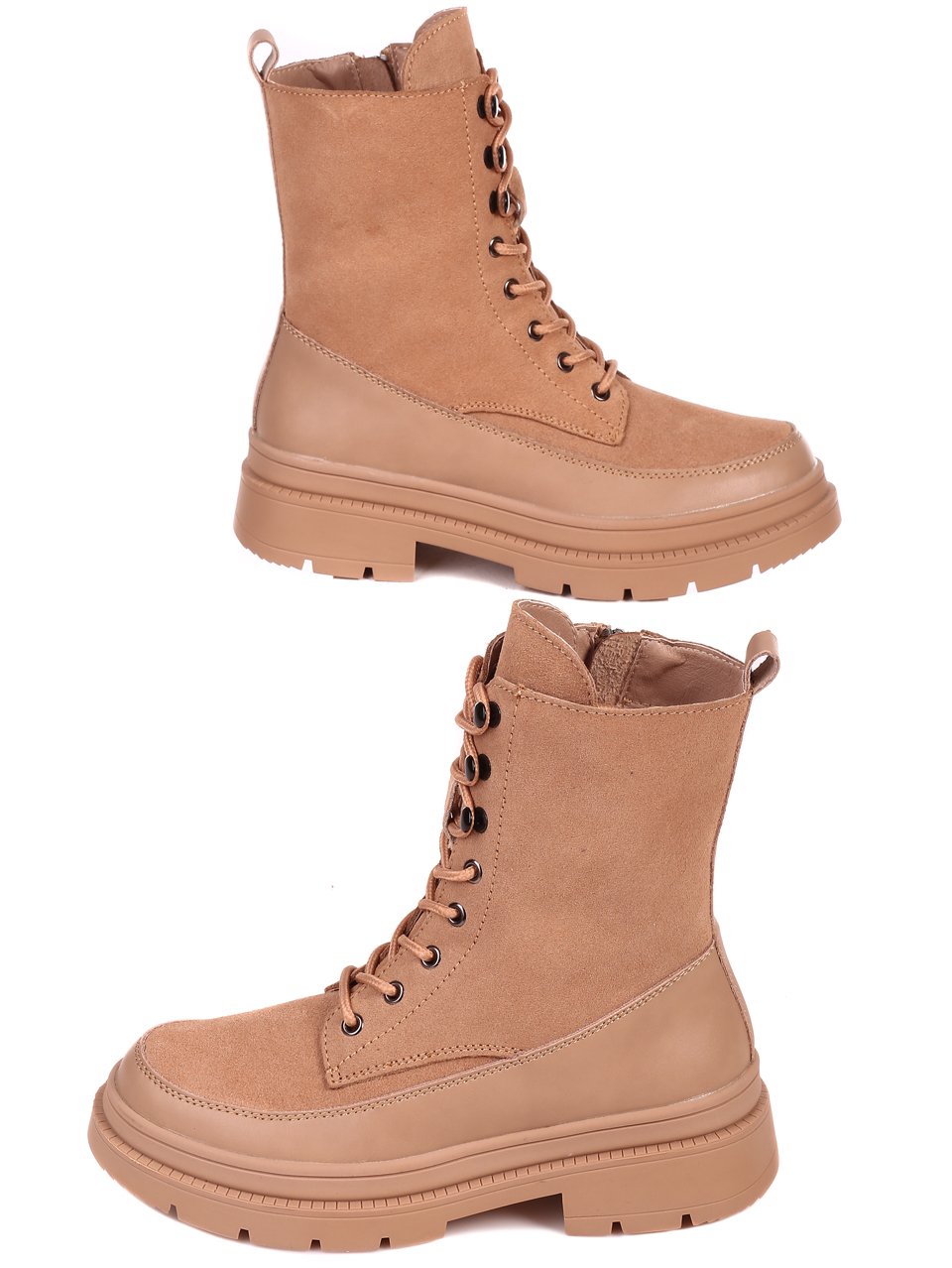 Ежедневни дамски боти от естествена кожа и велур в бежово 2AF-22639 beige