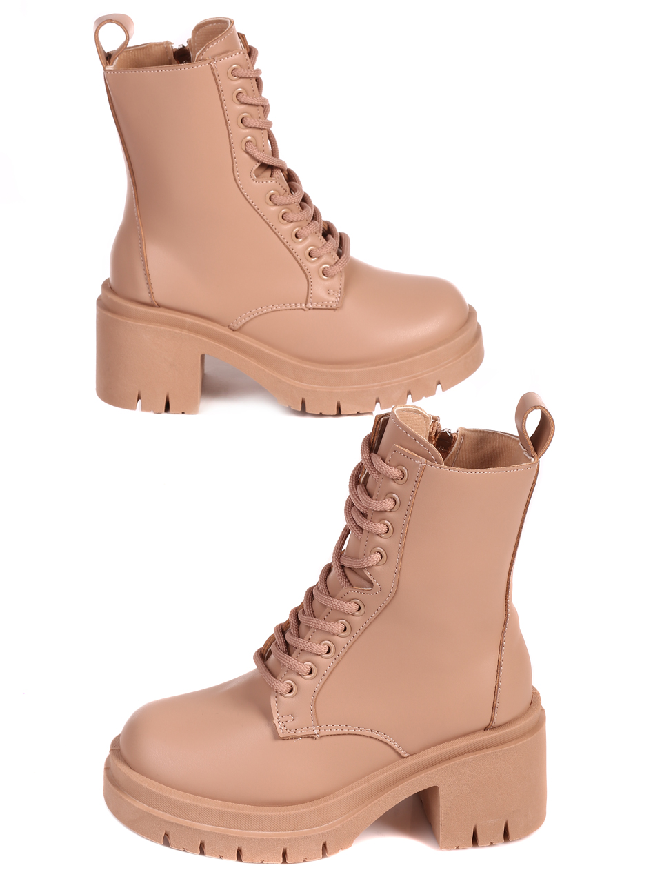 Ежедневни дамски боти на дебел ток в бежово 2U-22597 beige