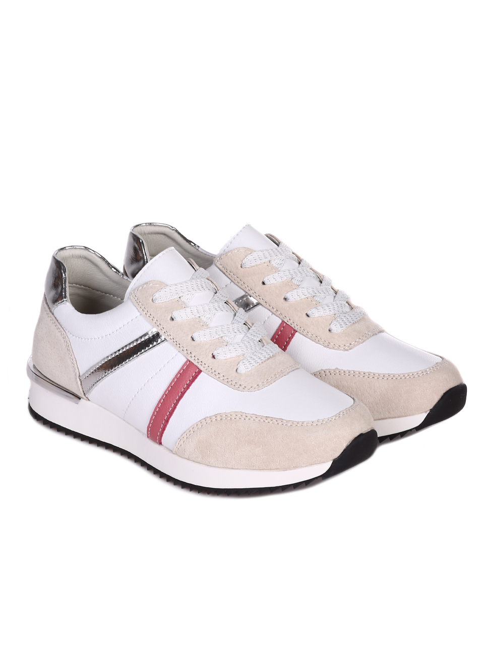Ежедневни дамски обувки от естествена кожа и велур 3AF-23174 beige/white