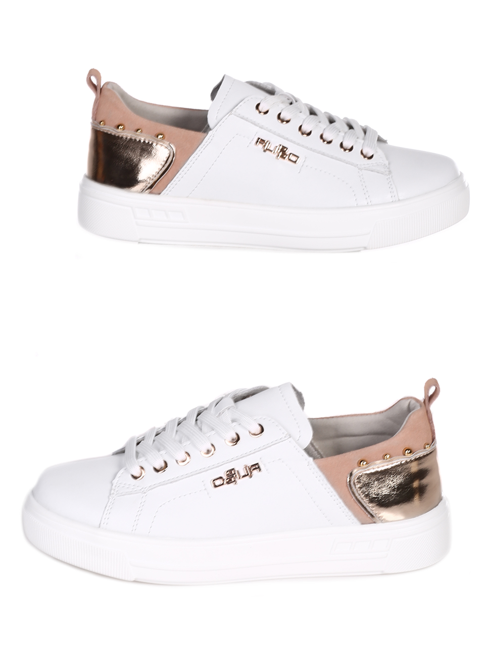Ежедневни дамски кецове от естествена кожа и велур 3AF-23182 white/gold