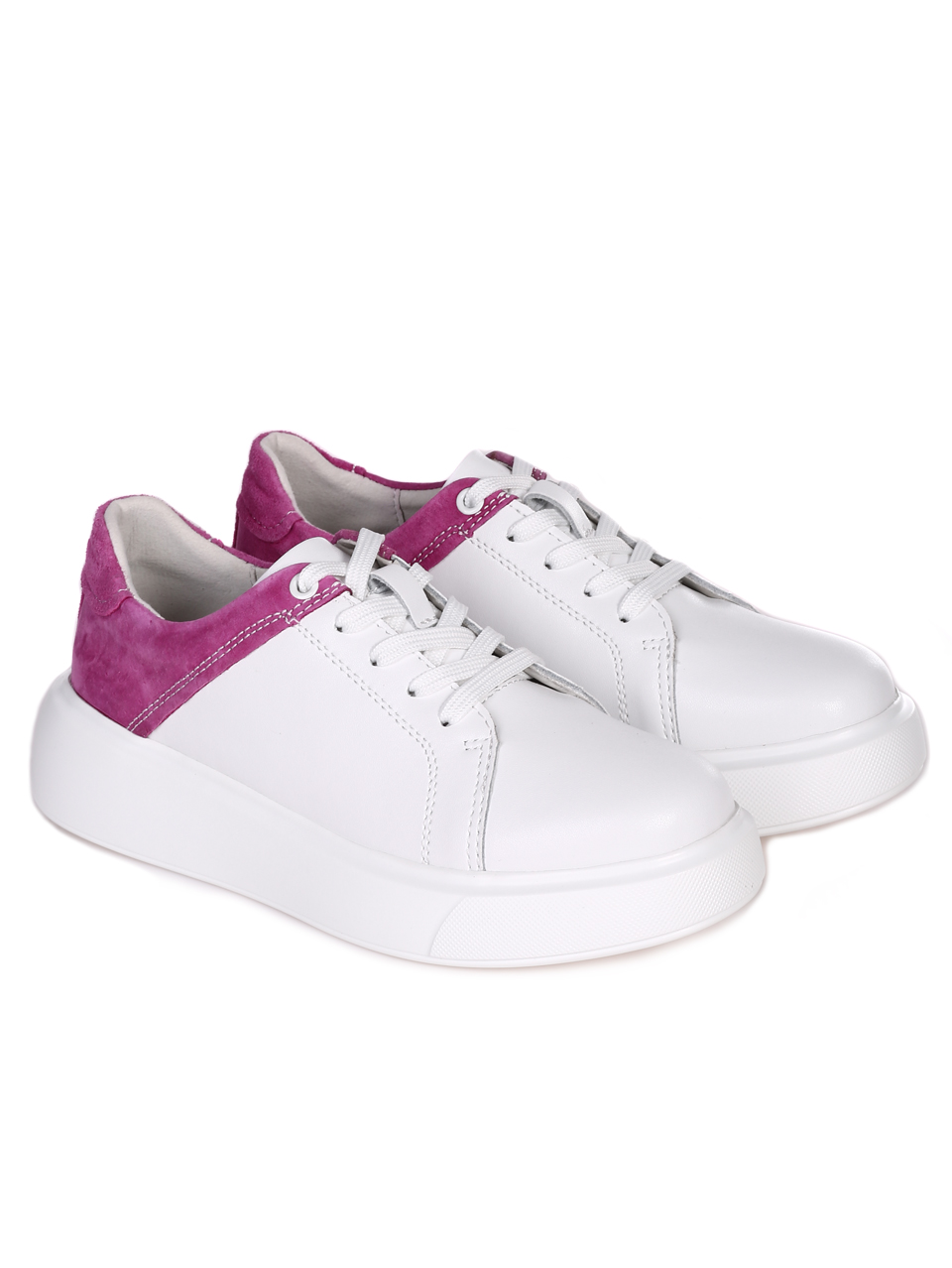Ежедневни дамски кецове от естествена кожа и велур 3AF-23191 white/pink
