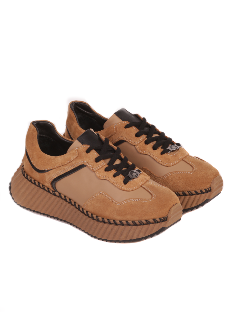 Дамски обувки от естествена кожа и набук в бежово 3AT-23699 beige