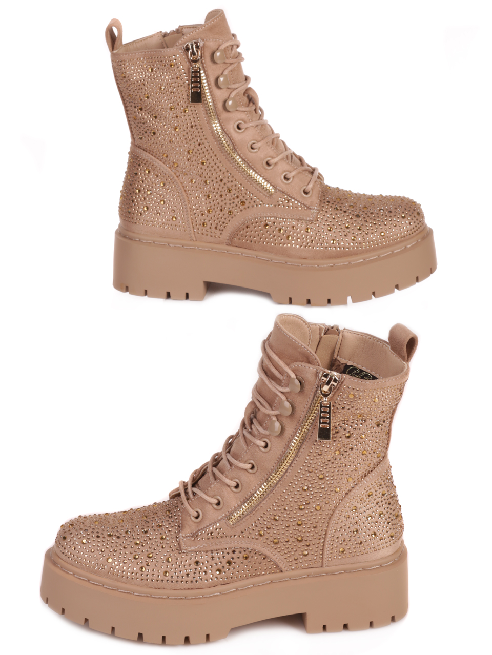 Ежедневни дамски боти с декоративни камъни в бежово 2R-23500 beige