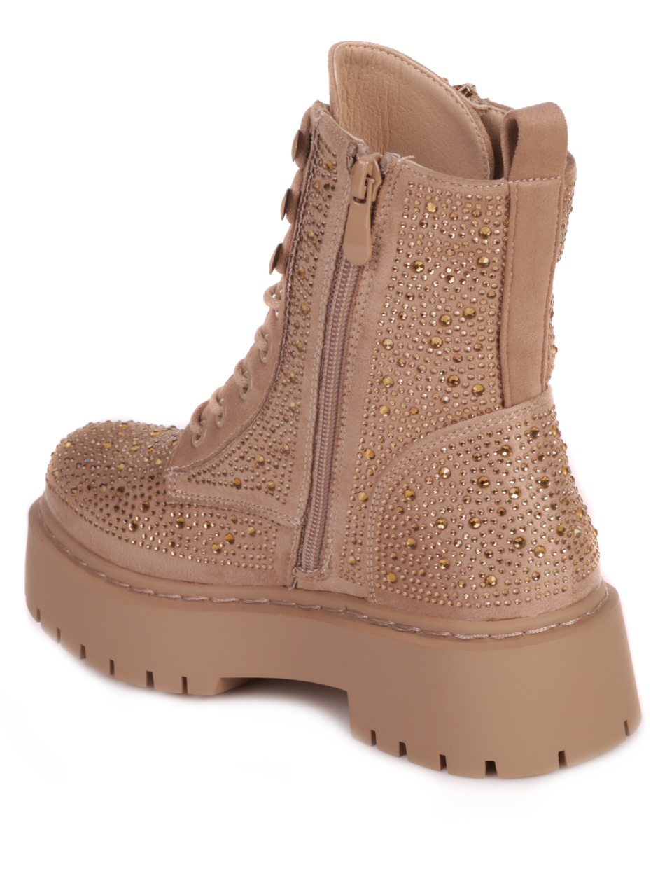Ежедневни дамски боти с декоративни камъни в бежово 2R-23500 beige
