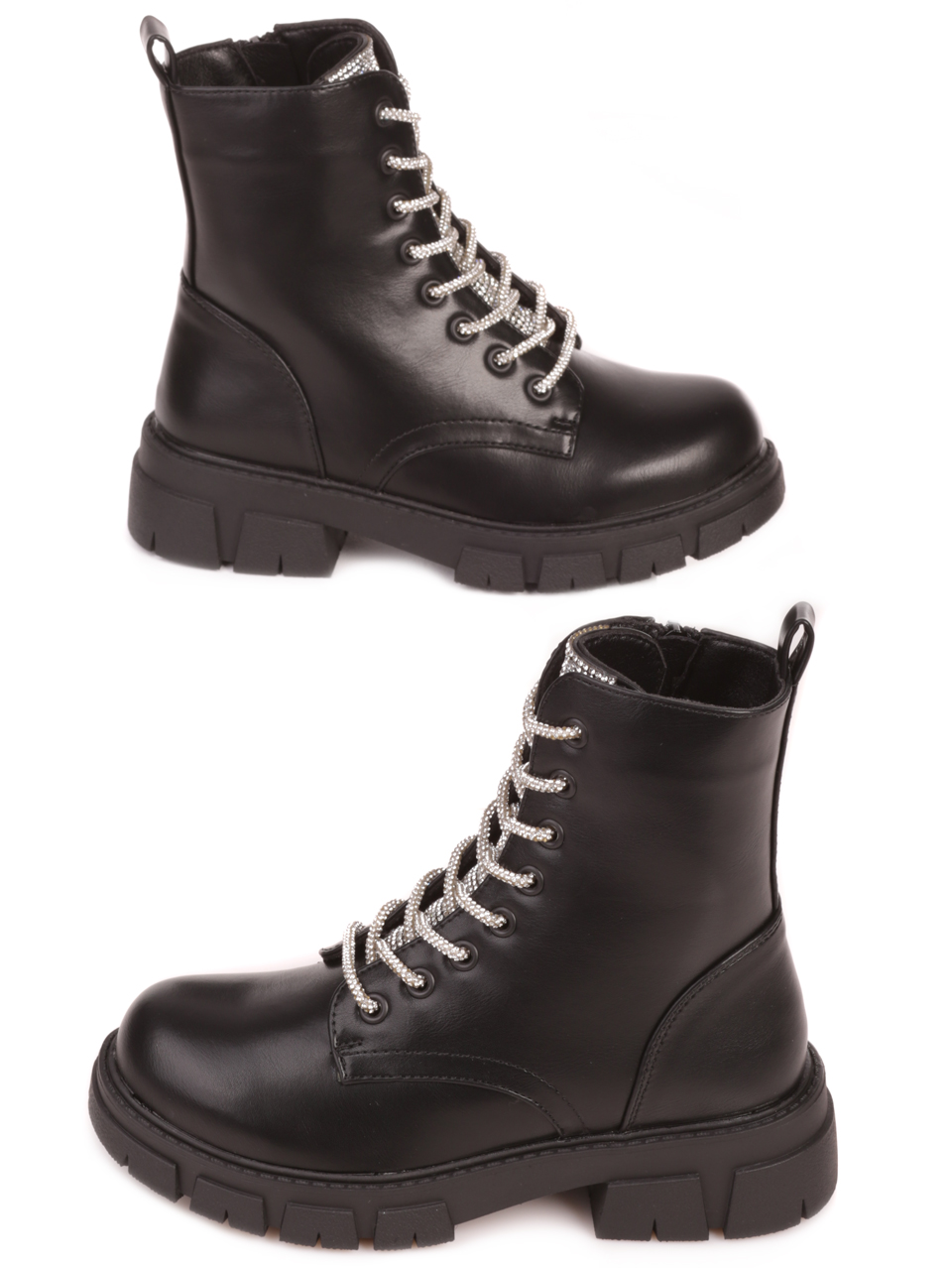Детски боти в черно с декоративни камъни 19R-23578 black/silver