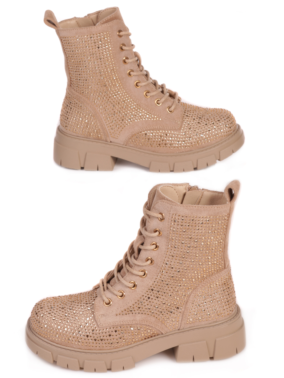 Детски боти с декоративни камъни в бежово 19R-23579 beige