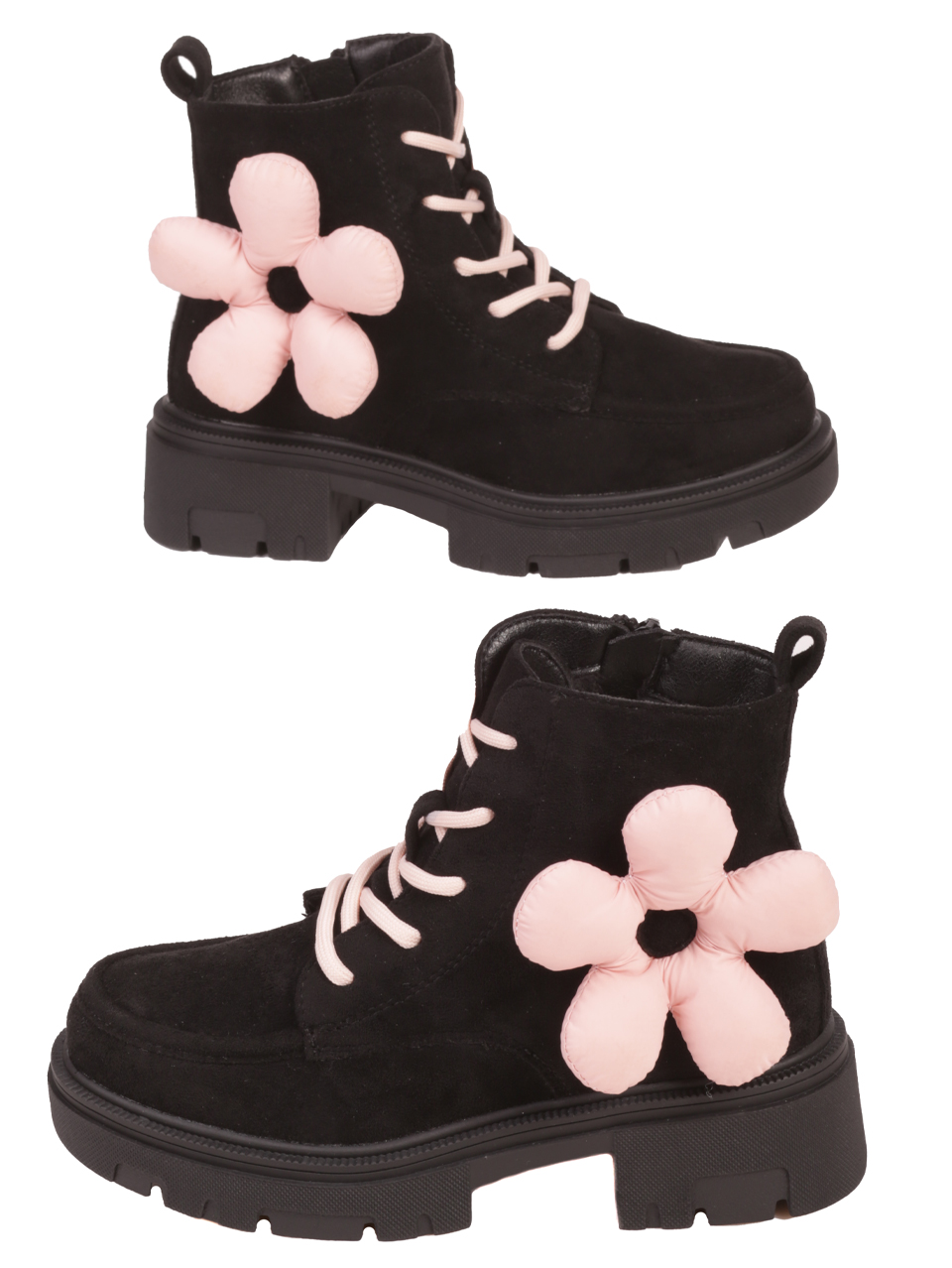 Детски боти в черно с розов орнамент-цвете 19R-23577 black/pink