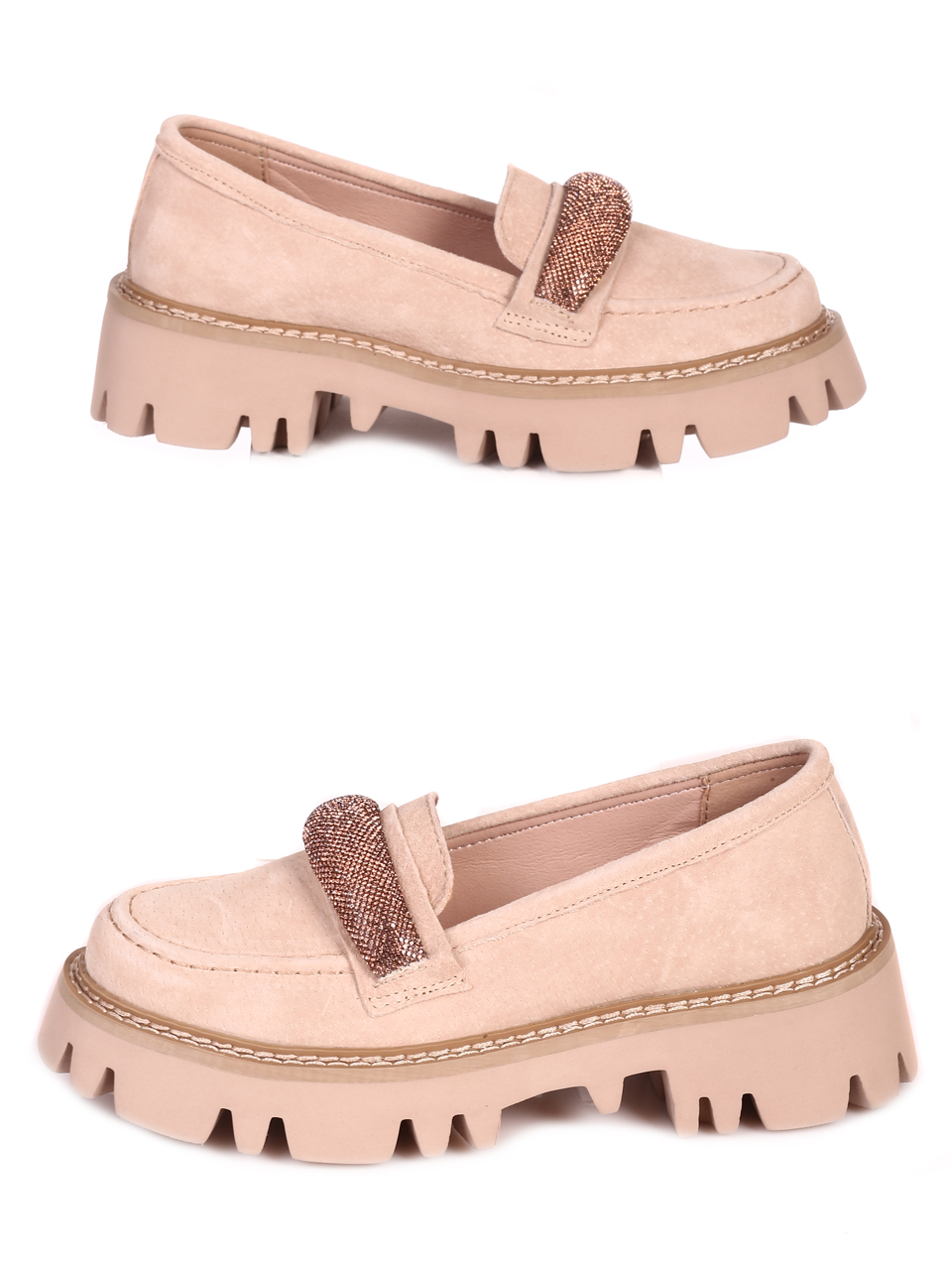 Ежедневни дамски мокасини с декоративни камъни в бежово 3AF-23632 beige
