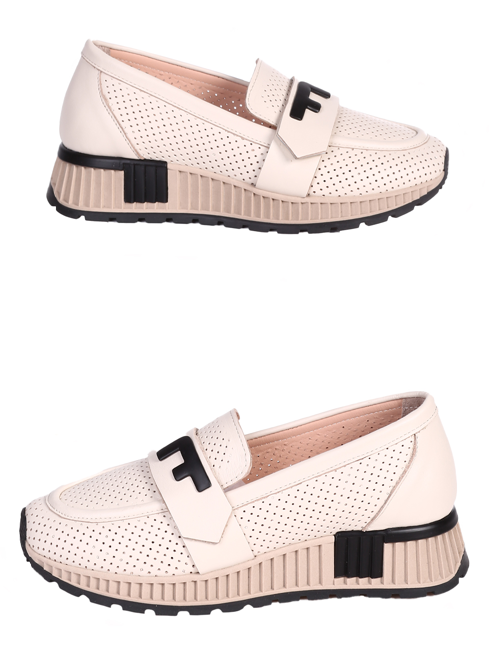 Ежедневни дамски обувки от естествена кожа с перфорации 3AT-24336 beige