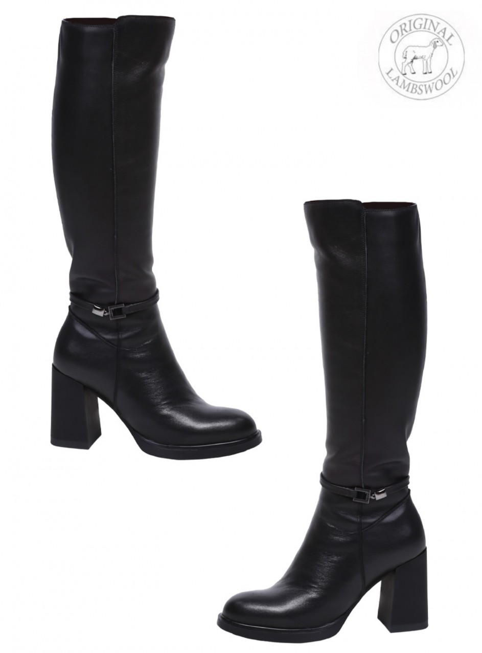 Елегантни дамски ботуши на дебел ток от естествена кожа в черно J2780M-Q378 black