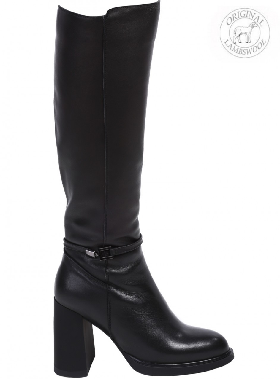 Елегантни дамски ботуши на дебел ток от естествена кожа в черно J2780M-Q378 black