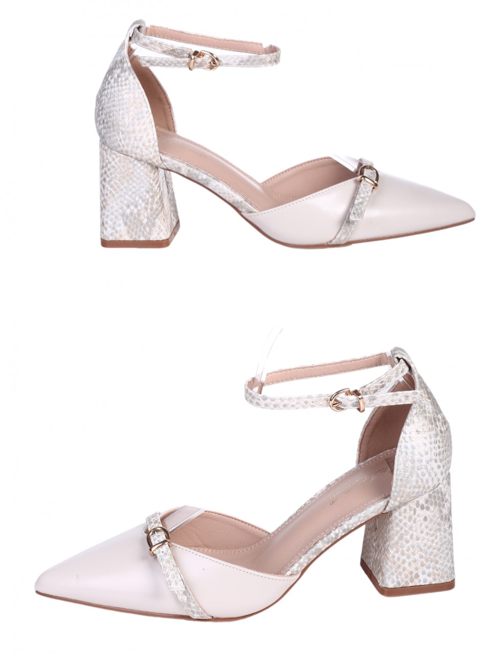 Елегантни дамски обувки, на дебел ток, в бежово 3M-25037 beige/snake
