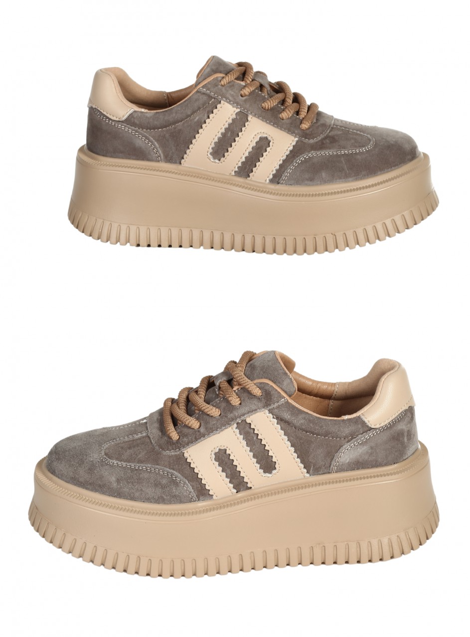 Ежедневни дамски обувки от естествена кожа и велур в бежово 3AF-25529 taupe/beige