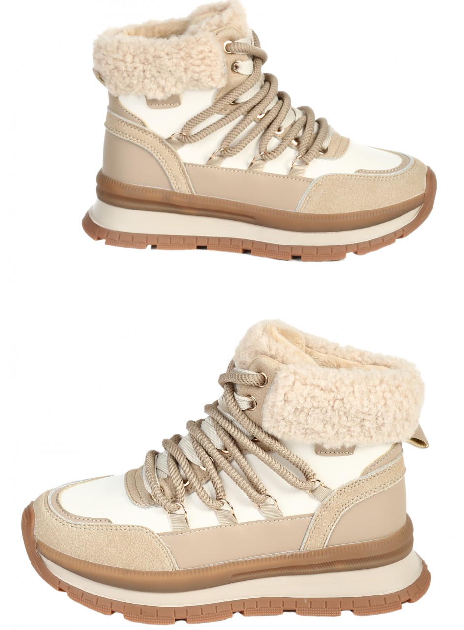 Ежедневни дамски боти от еко кожа и текстил в бежово 2U-25511 beige