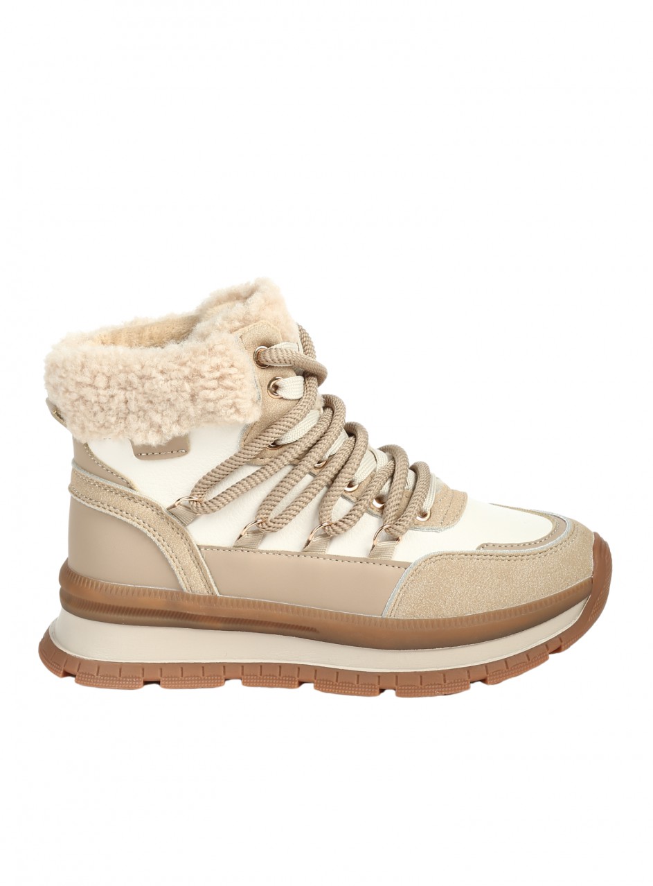 Ежедневни дамски боти от еко кожа и текстил в бежово 2U-25511 beige