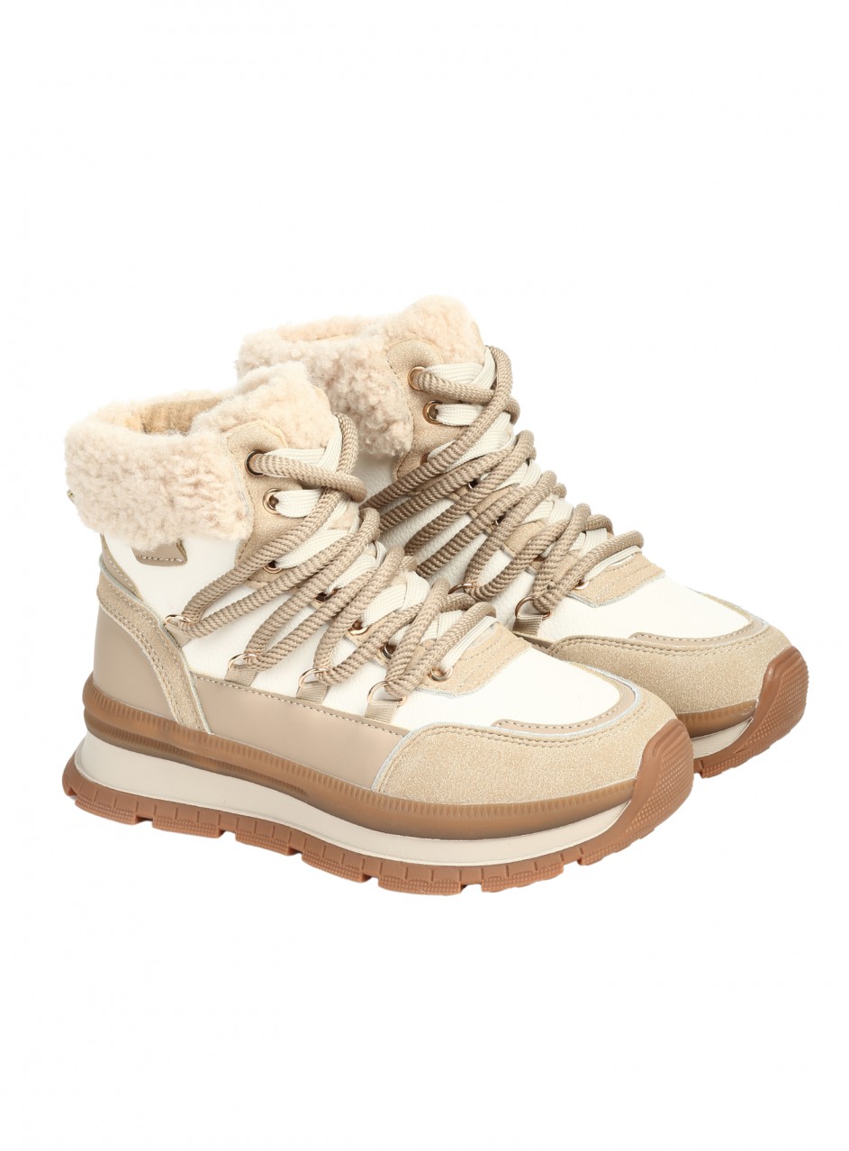 Ежедневни дамски боти от еко кожа и текстил в бежово 2U-25511 beige