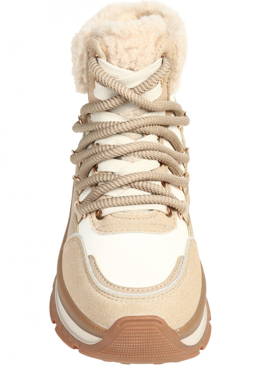 Ежедневни дамски боти от еко кожа и текстил в бежово 2U-25511 beige