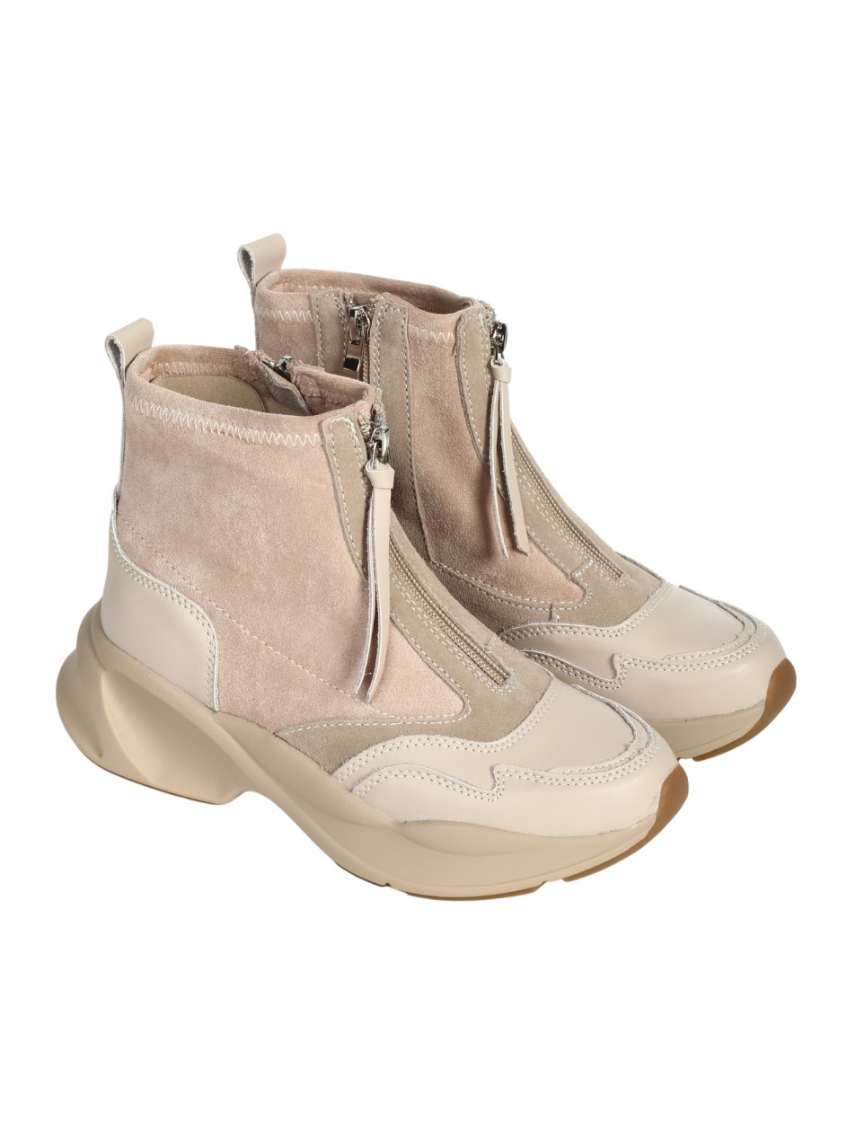 Ежедневни дамски боти от естествена кожа и текстил в бежово 2AF-25528 beige