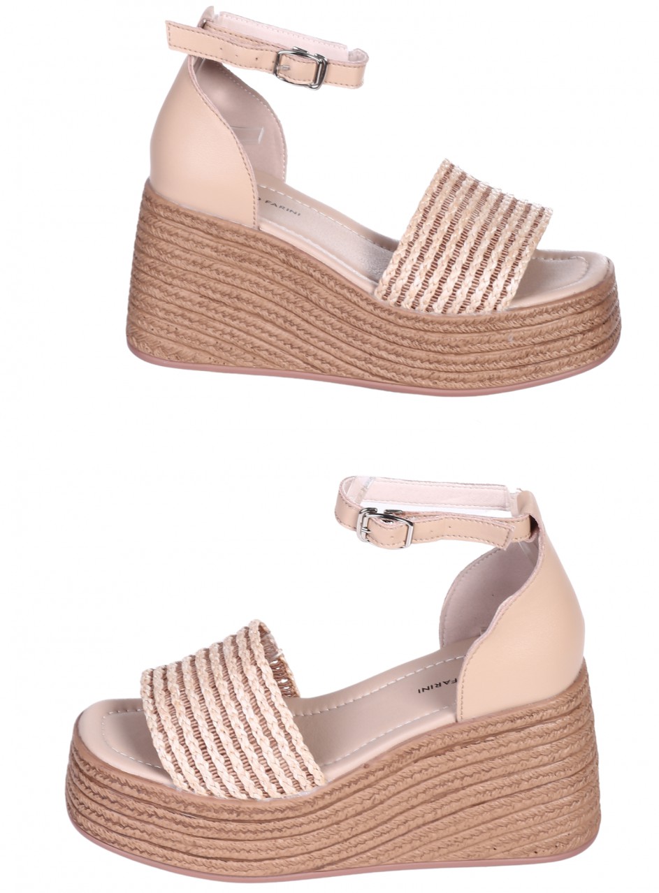 Ежедневни дамски сандали на платформа от естествена кожа и текстил в бежово 4AF-26006 beige