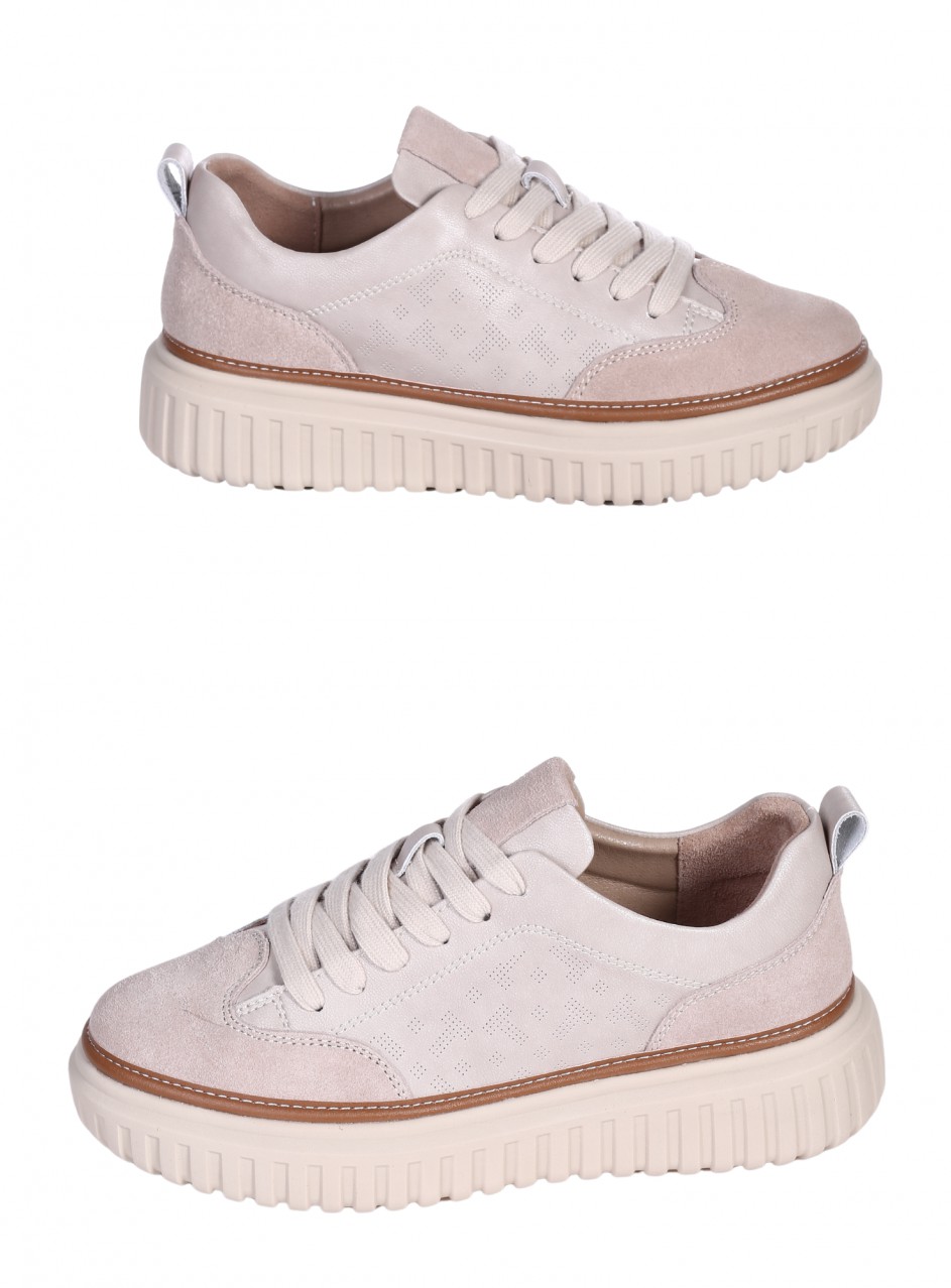 Ежедневни дамски обувки от естествена кожа и велур в бежово 3AF-26010 beige