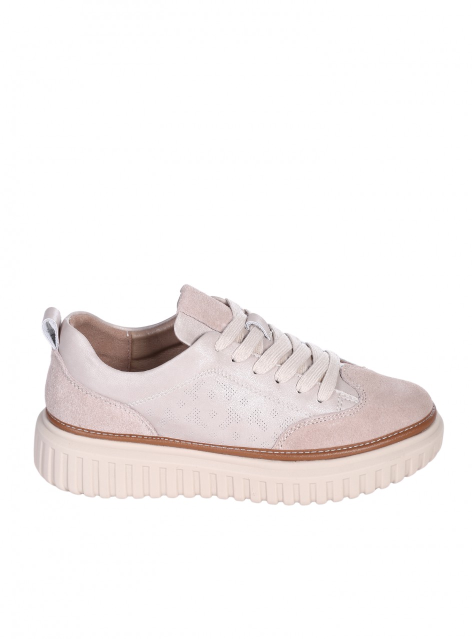 Ежедневни дамски обувки от естествена кожа и велур в бежово 3AF-26010 beige