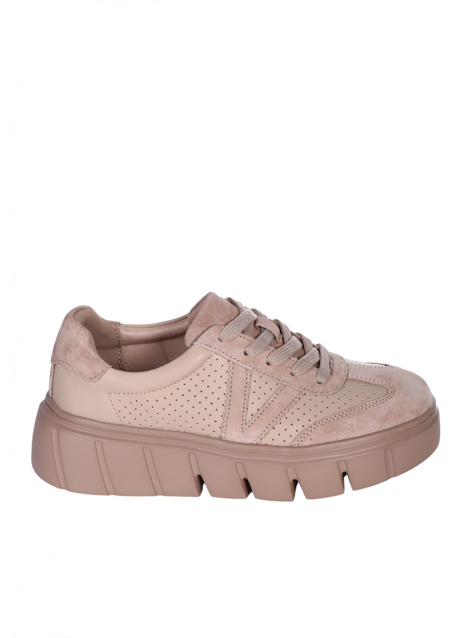 Ежедневни дамски обувки на платформа от естествена кожа и велур в бежово 3AF-26013 beige