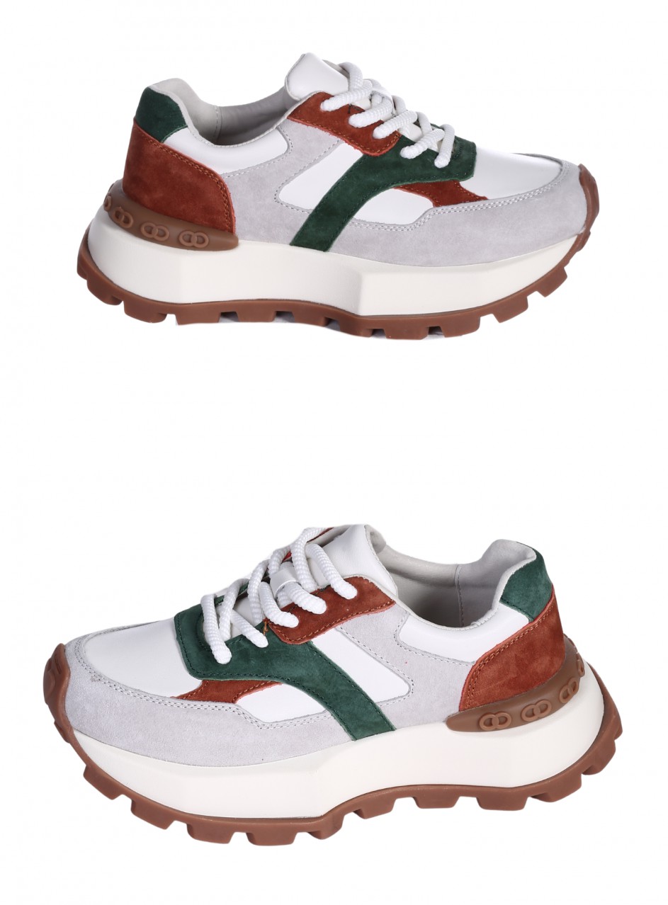 Ежедневни дамски обувки на платформа от естествена кожа 3AF-26026 white/beige/dk.green