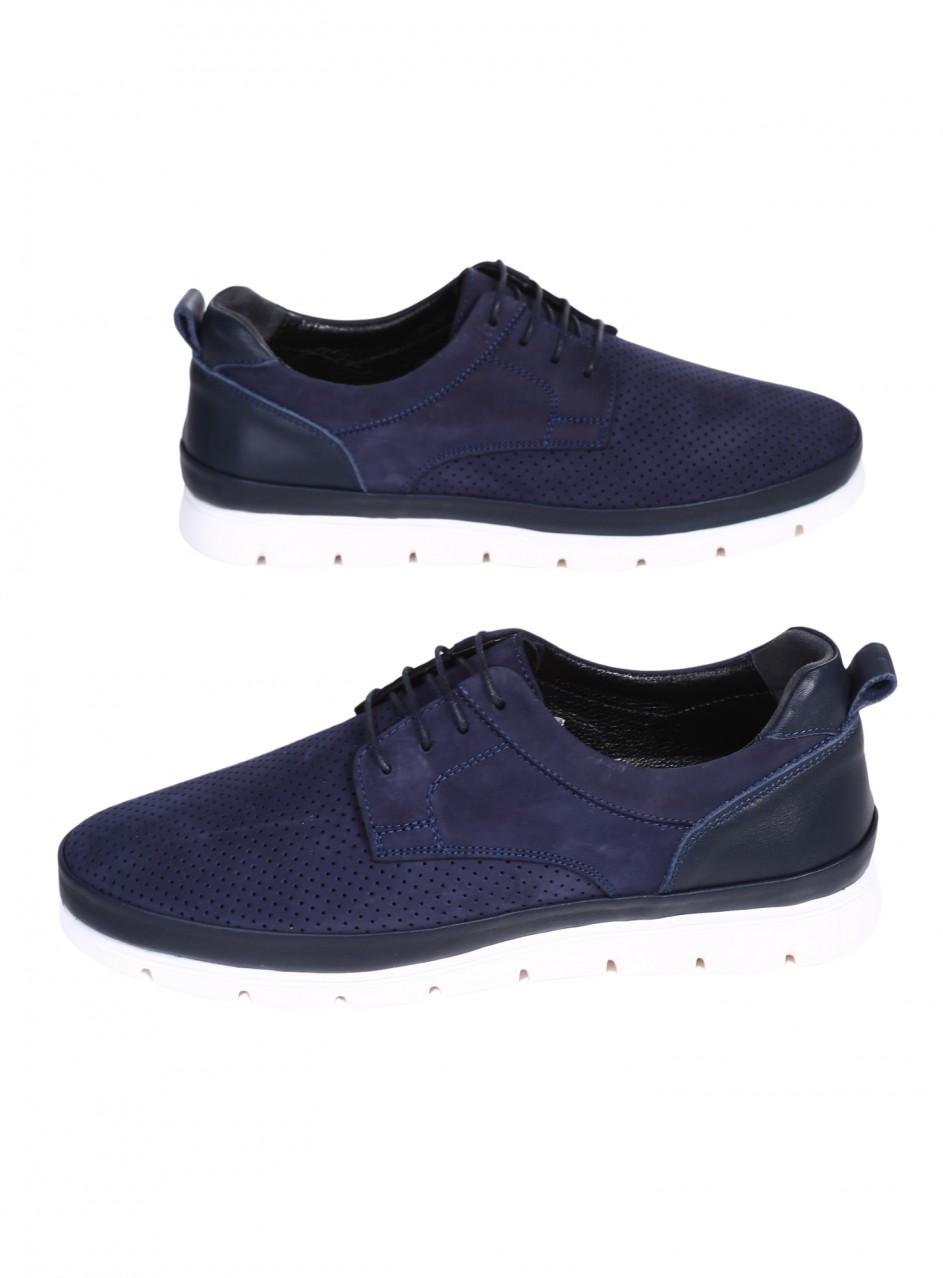 Ежедневни мъжки обувки от естествен велур и естествена кожа, с перфорации в синьо 7AT-26317 navy