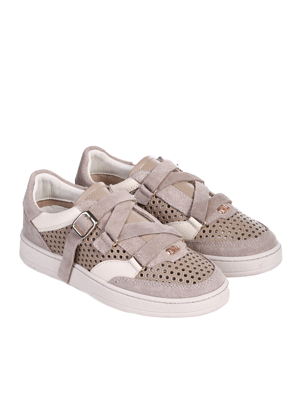 Ежедневни дамски обувки от естествен велур с перфорации 3AT-26271 beige