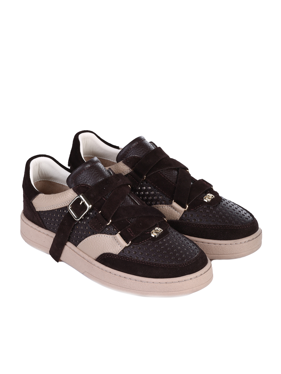 Ежедневни дамски обувки от естествен велур с перфорации 3AT-26271 brown