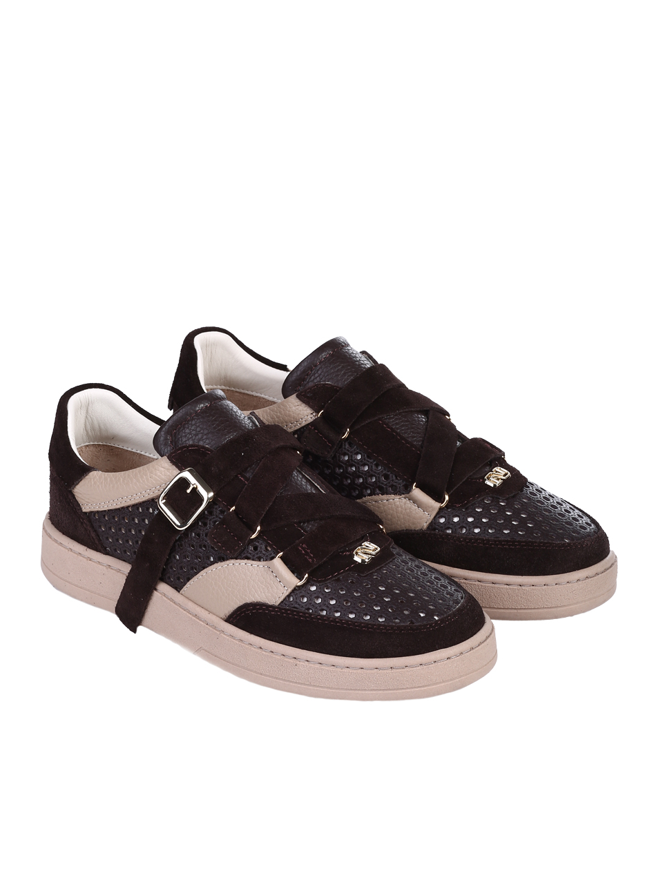 Ежедневни дамски обувки от естествен велур с перфорации 3AT-26271 brown