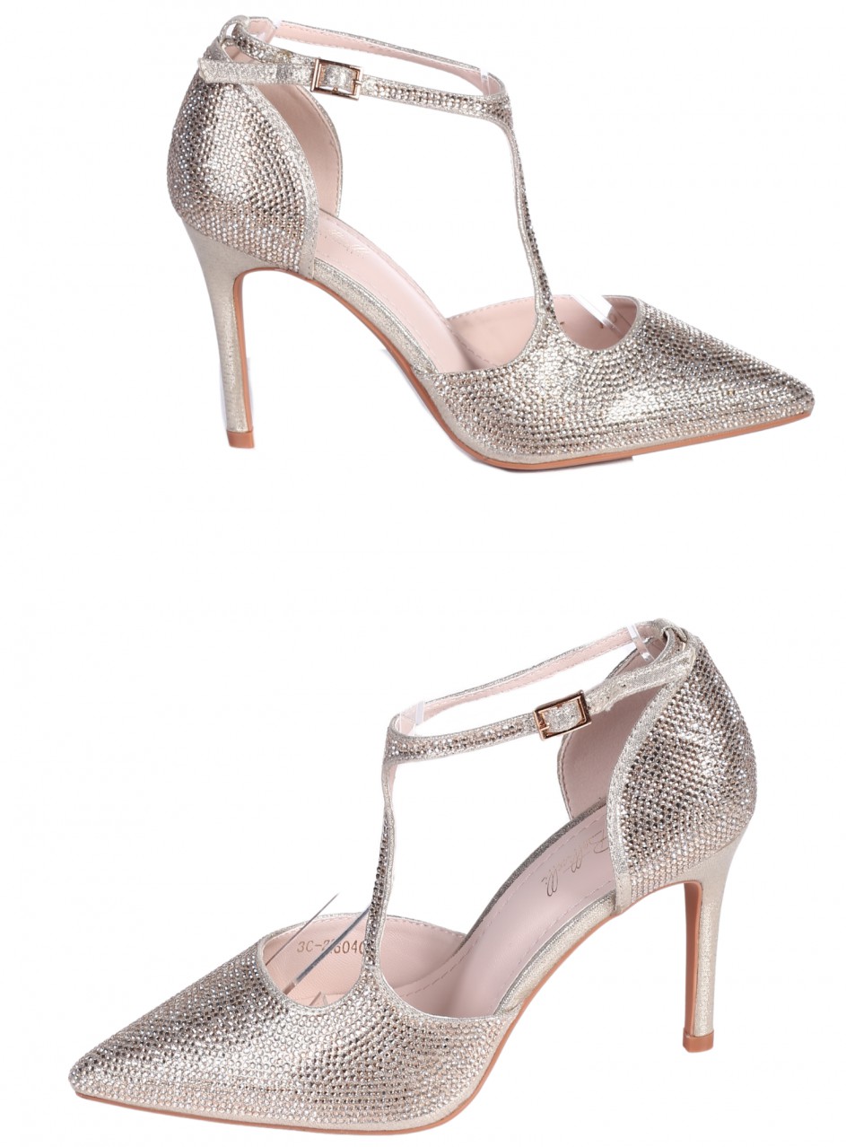 Елегантни дамски обувки на ток в златисто 3C-26040 gold