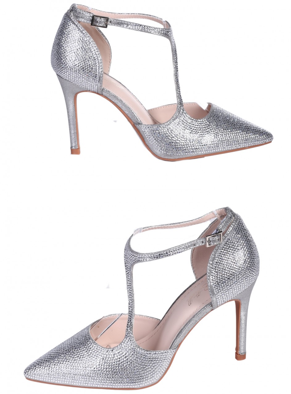 Елегантни дамски обувки на ток в сребристо 3C-26040 silver