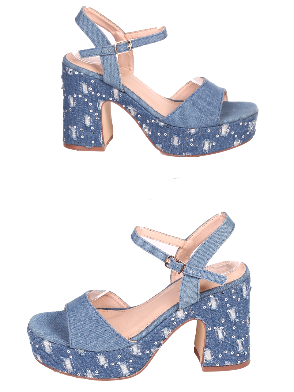 Елегантни дамски сандали на ток в черно 4M-24014 в деним цвят