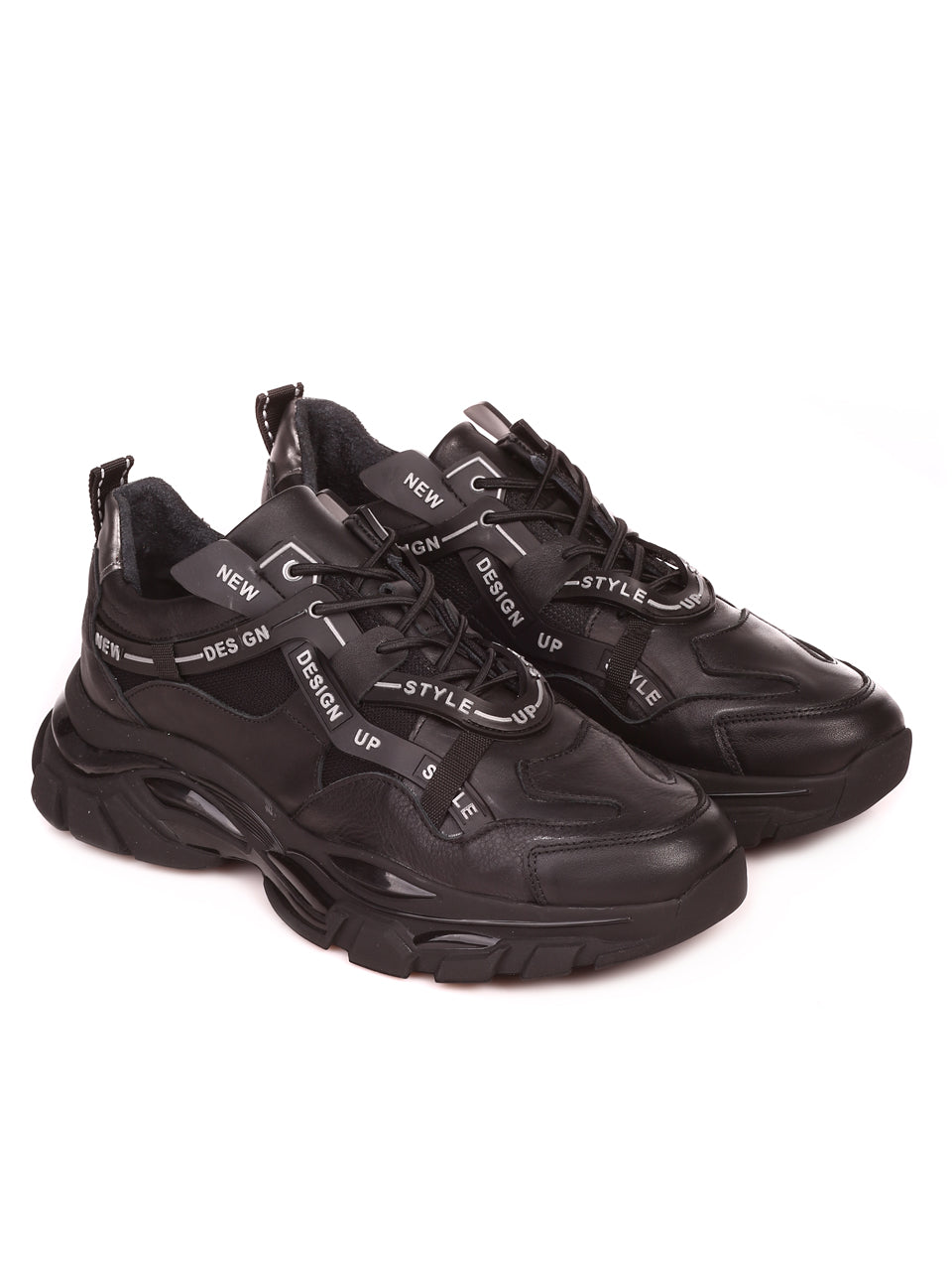 Мъжки обувки от естествена кожа и текстил в черно -16346 в черен цвят