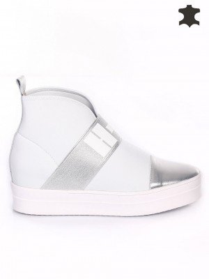 Ежедневни дамски летни боти от естествена кожа 22AR-16108 white/silver