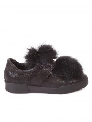 Дамски обувки от естествена кожа, с естествен косъм 3AB-181030 black