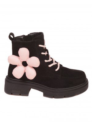 Детски боти в черно с розов орнамент-цвете 19R-23577 black/pink