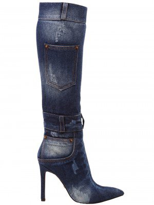 Елегантни дамски ботуши с декоративен джоб в цвят деним 1M-23590 denim